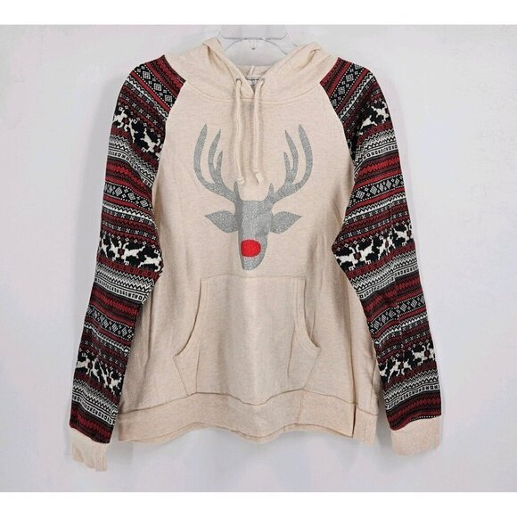 Red Noise Reindeer Women L Pull-on Hooded Sweatshirt Beige w/Holiday Print - Picture 1 of 4
